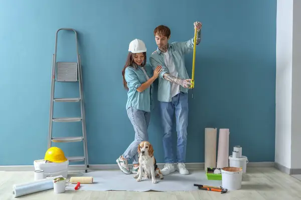 Jeune Couple Avec Ruban Mesurer Chien Beagle Près Mur Bleu — Photo
