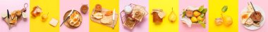 Tatlı armut reçelli kolaj ve renkli arka planda tost, üst görünüm