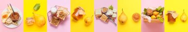 Tatlı armut reçelli kolaj ve renkli arka planda tost, üst görünüm
