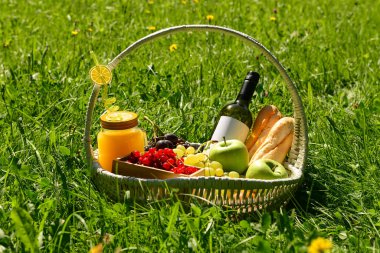 Parktaki çimlerde romantik piknik için lezzetli yiyecek ve içeceklerle dolu bir sepet.