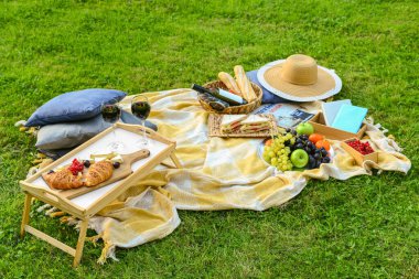 Romantik pikniğe hazır lezzetli yemekler ve yeşil çimlerde bir bardak şarapla parkta