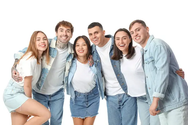 Stock image Group of stylish young people hugging on white background