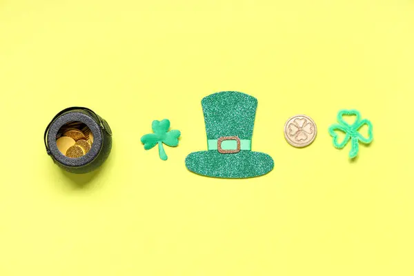 Chapeau Lutin Papier Avec Pot Pièces Décor Pour Saint Patrick — Photo