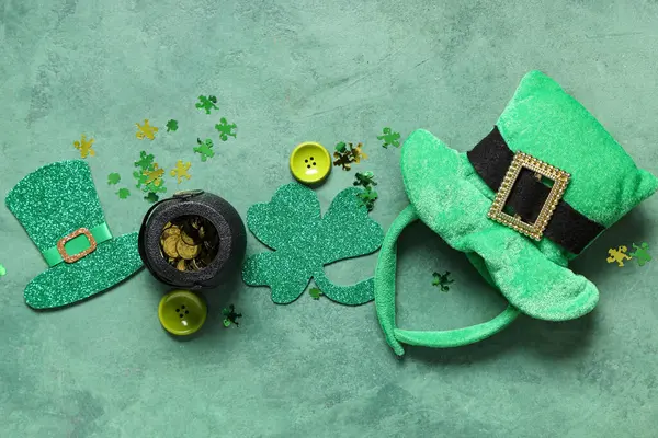 Chapeau Lutin Avec Pot Pièces Décor Pour Saint Patrick Sur — Photo