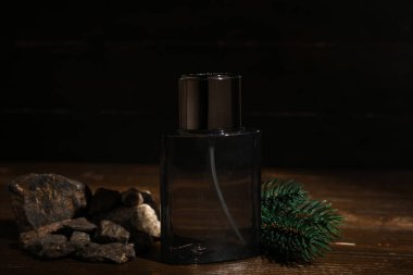 Ahşap arka planda parfüm, taş ve çam ağacı dalıyla kompozisyon