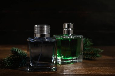 Kokulu parfüm şişeleri ve koyu ahşap arka planda çam ağacı dalları olan kompozisyon