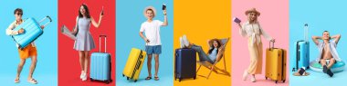 Renkli arka planda bir grup mutlu turist