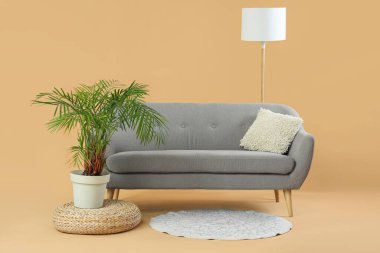 Gri kanepe, lamba ve bej arka planda saksı olan modern oturma odası.