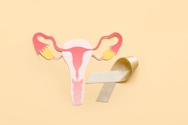 Renkli arka planda kağıt uterusu olan bej bir kurdele. Kanser farkındalığı kavramı