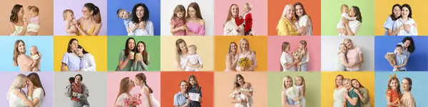 Collage Met Vrolijke Vrouwen Kinderen Kleur Achtergrond Moederdag — Stockfoto