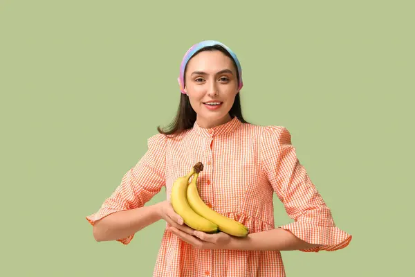 Beautiful Young Woman Sweet Bananas Green Background — Stock Photo, Image