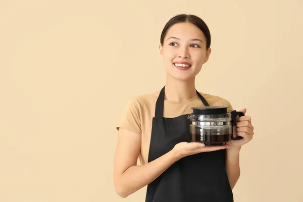 Female Asian Barista Coffee Maker Beige Background — Stock Photo, Image