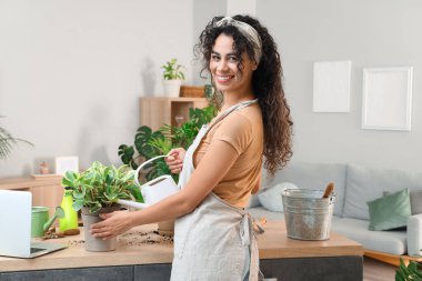 Afro-Amerikan kadın bahçıvan evinde sulama bitkisi