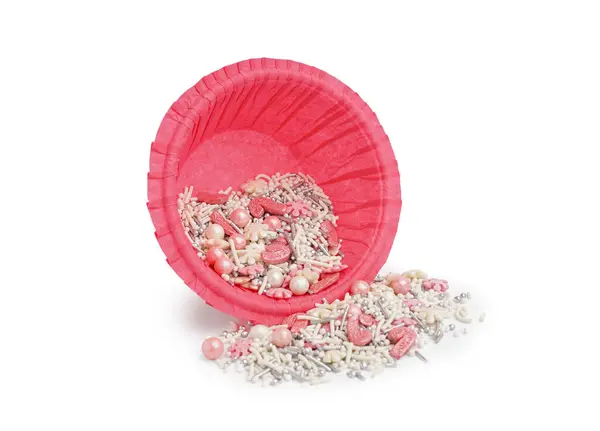 Pink Paper Bowl Scattered Colorful Sprinkles White Background — Stock Photo, Image