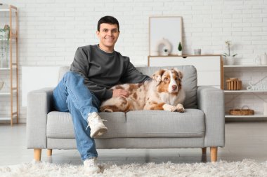 Avustralya çoban köpeği olan genç adam evdeki kanepede oturuyor.