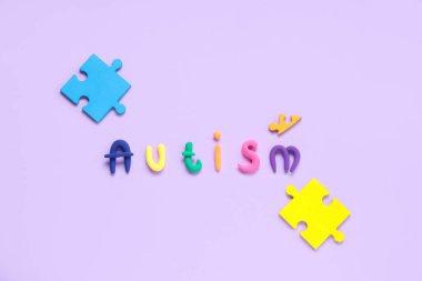 Eflatun arkaplan üzerine yapboz içeren plastikten yapılmış kelime AUTISM