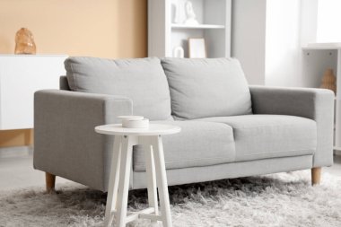 Rahat kanepesi ve masası olan şık bir oturma odası, yakın plan.