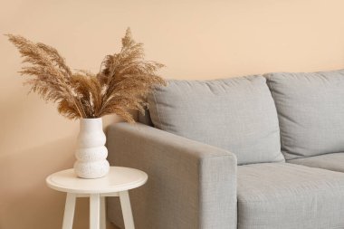 Vazodaki çimler ve bej duvarın yanındaki rahat kanepe, yakın plan.