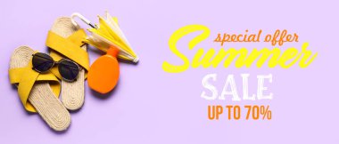 Yaz için pankart, kadın plaj aksesuarları ve şemsiyeli.