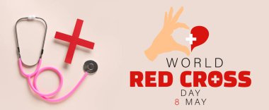 Stethoscope and cross on light background. Banner for World Red Cross Day clipart