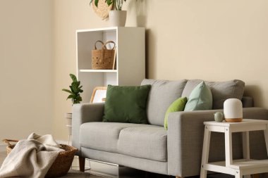 Rahat oturma odasının modern iç mekanı rahat kanepe ve raf ünitesi