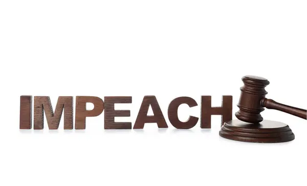 stock image Wooden letters spelling word IMPEACHMENT and judge's gavel on white background