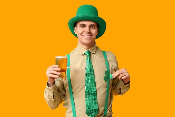 Happy Young Man Leprechaun Hat Glass Beer Yellow Background Patrick Stock Image