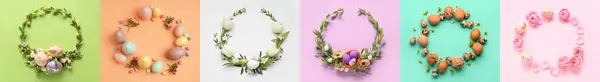 Collage Con Hermosas Coronas Pascua Sobre Fondo Color —  Fotos de Stock