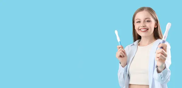 Boldog Terhességi Tesztek Kék Alapon Helyet Szöveges — Stock Fotó