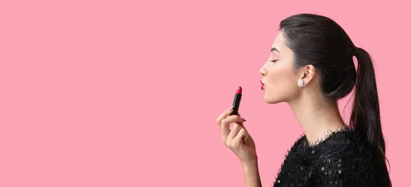 Beautiful Young Woman Red Lipstick Pink Background Space Text — Stock Photo, Image