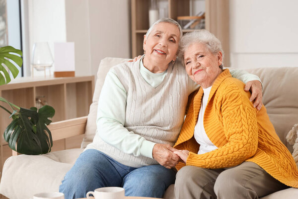 Senior female friends hugging on sofa at home