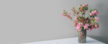 Gri arkaplan üzerinde çiçek açan güzel dalları ve metin için yeri olan bir vazo. Merhaba bahar.