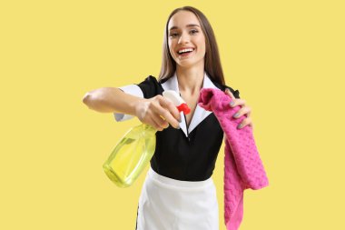 Kadın hademe portresi, sarı arka planda bez ve sprey deterjan.