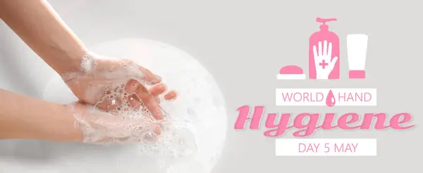 Woman washing hands with soap in sink. Banner for World Hand Hygiene Day