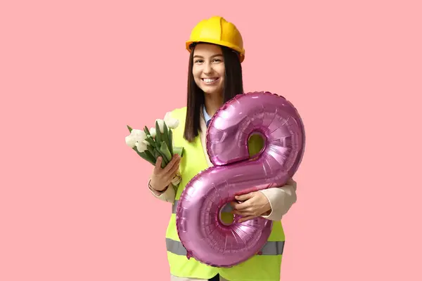 Female Construction Worker White Tulips Balloon Shape Figure Pink Background — Stock Photo, Image
