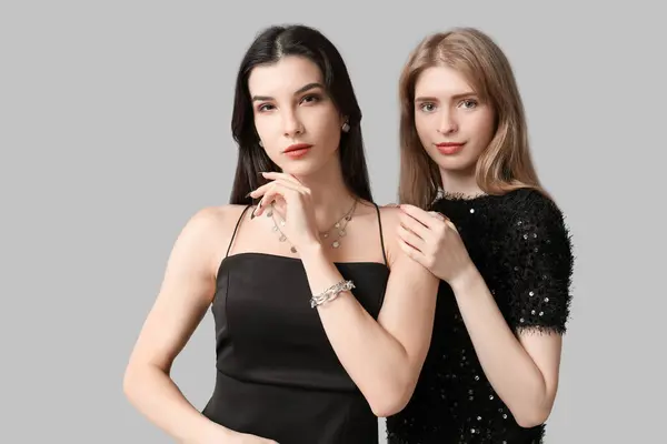 Beautiful Young Women Different Stylish Jewelry Grey Background — Stock Photo, Image