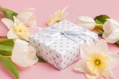 Pembe arka planda güzel laleler ve nergis çiçekleri olan hediye kutusu.