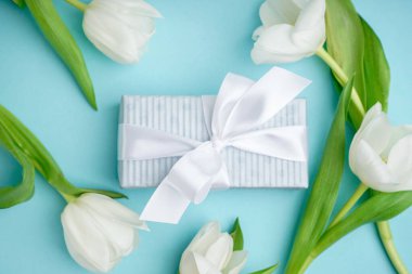 Hediye kutusu ve mavi arka planda güzel beyaz laleler.