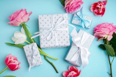 Güzel laleli hediye kutuları ve mavi arka planda pembe güller.