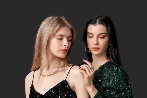 Beautiful Young Women Different Stylish Jewelry Black Background — Stock Photo, Image