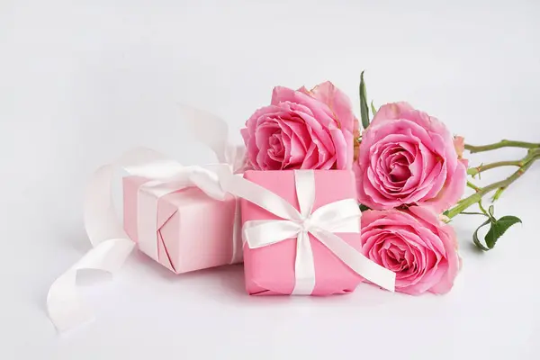 Gift Boxes Beautiful Rose Flowers White Background Stock Picture