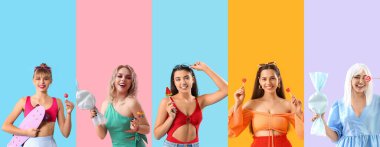 Lezzetli lolipopları olan genç kadınların kolajı