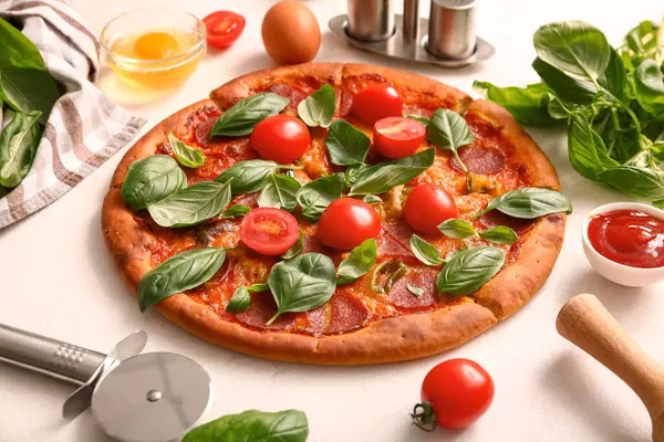 Delicious Pepperoni Pizza Tomatoes Ingredients White Background — Stock Photo, Image
