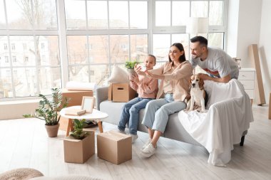 Beagle köpekli mutlu aile taşınma gününde odada selfie çekiyor.