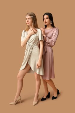 Kahverengi arka planda farklı takılara sahip güzel genç kadınlar.