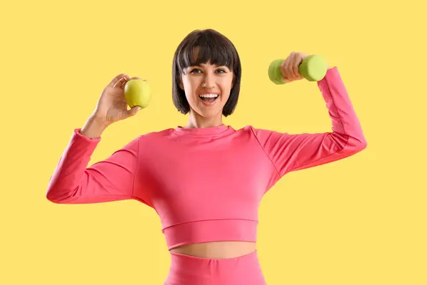 Sporty Young Woman Apple Dumbbell Yellow Background Diet Concept — Stock Photo, Image