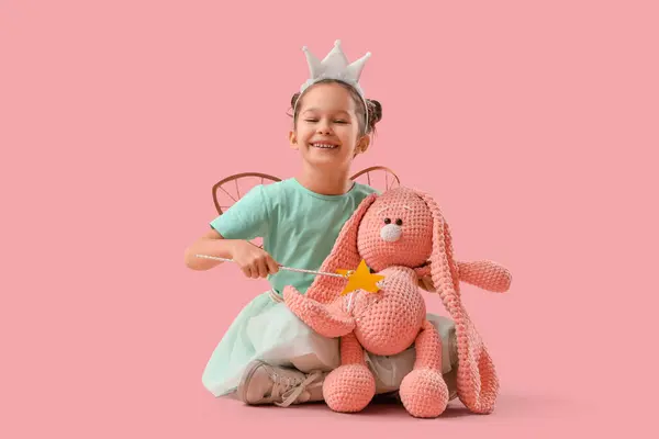Cute Little Fairy Wand Toy Bunny Sitting Pink Background — Stock Photo, Image