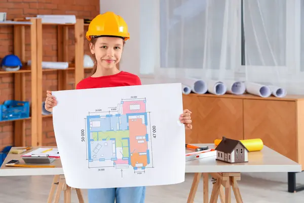 Little architect with house plan in room