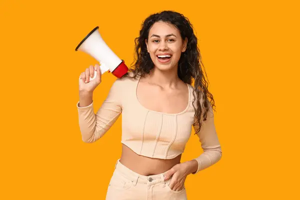 Young African American Woman Megaphone Yellow Background — Stock Photo, Image