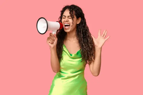 Screaming African American Woman Megaphone Pink Background — Stock Photo, Image